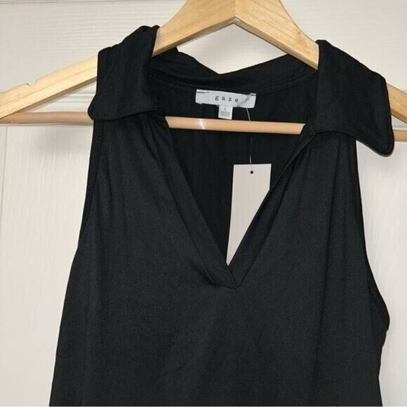 Gaze Black One Piece Collared Deep V-Neck Sleeveless Casual Bodysuit Size Large - Picture 3 of 8